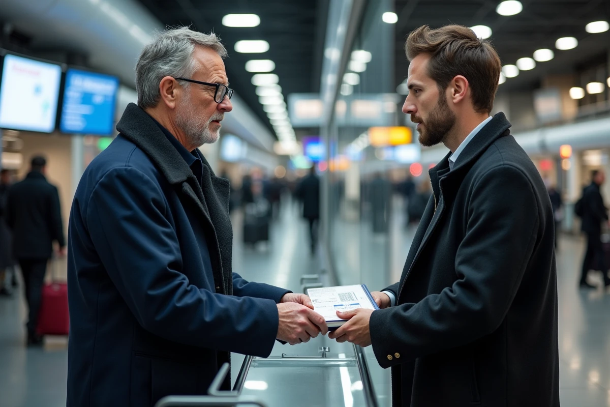 Agent de la gare suisse remettant un billet de train panoramique de luxe à un voyageur au guichet