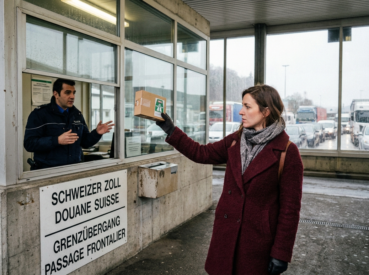 Femme achetant une vignette autoroutière suisse au poste de douane à la frontière suisse