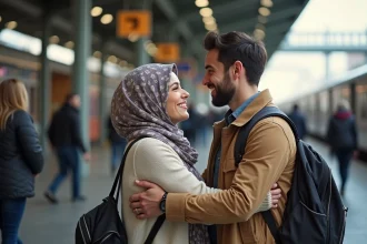 Femme en foulard fait ses adieux à un jeune homme à la gare