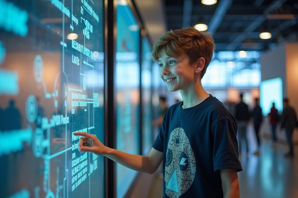Adolescent captivé par une exposition interactive à la Cité des Sciences et de l'Industrie de Paris