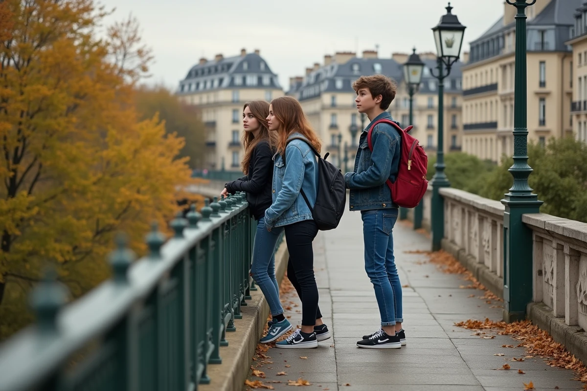 Groupe d'adolescents sur la Promenade Plantée à Paris, découvrant la ville depuis le jardin suspendu du 12ème arrondissement
