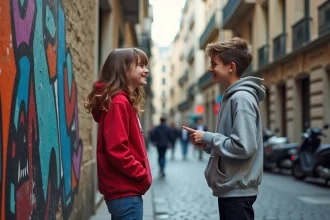Deux adolescents devant un graffiti coloré dans une ruelle parisienne, riant et découvrant l'art urbain de la capitale
