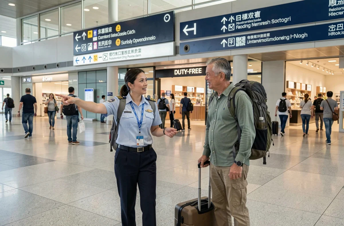 Agent d'accueil de l'aéroport CMN Casablanca guidant un voyageur vers sa porte d'embarquement lors d'une correspondance courte