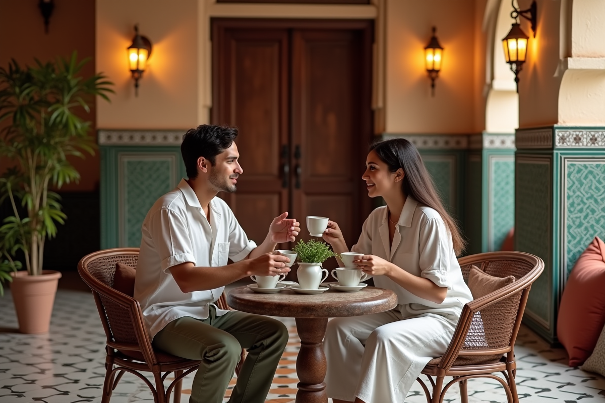 Deux amis dégustant du thé à la menthe dans un riad