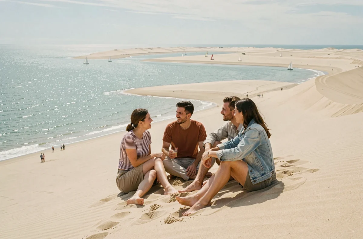 Groupe d'amis assis sur la pente de la Dune du Pilat face au banc d'Arguin et aux bateaux sur l'Atlantique