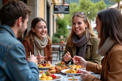 Groupe d'amis partageant des tapas en terrasse à Dancharia