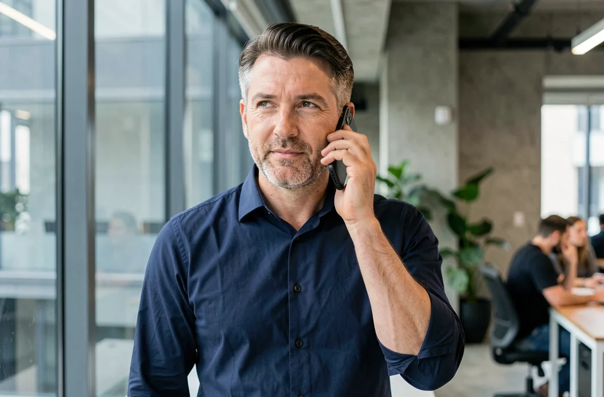 Homme en train de passer un appel VoIP international vers l'Italie depuis un bureau en open space moderne