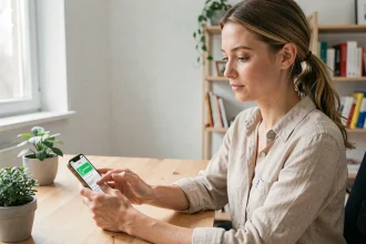 Femme envoyant un message WhatsApp sur smartphone avec indicatif international vers l'Italie depuis un bureau à domicile