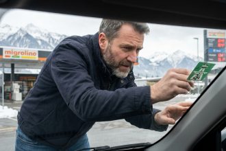 Automobiliste appliquant la vignette autoroutière suisse sur le pare-brise de sa voiture dans une station-service alpine