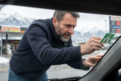 Automobiliste appliquant la vignette autoroutière suisse sur le pare-brise de sa voiture dans une station-service alpine