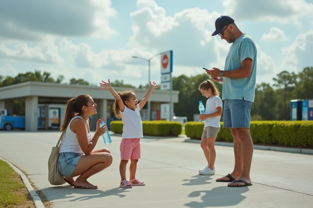 Arrêt pause lors du voyage en famille en voiture entre Miami et Orlando sur une aire de repos en Floride