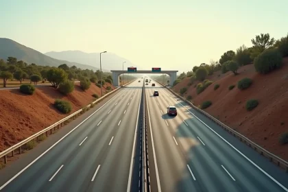 Autoroute à péage espagnole avec portiques électroniques et circulation fluide près de Barcelone