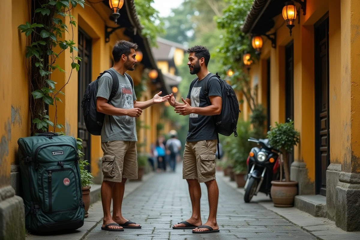 Voyageur backpacker négociant le prix d'un tuk-tuk devant un bâtiment colonial à Hoi An, Vietnam, avec son grand sac de voyage