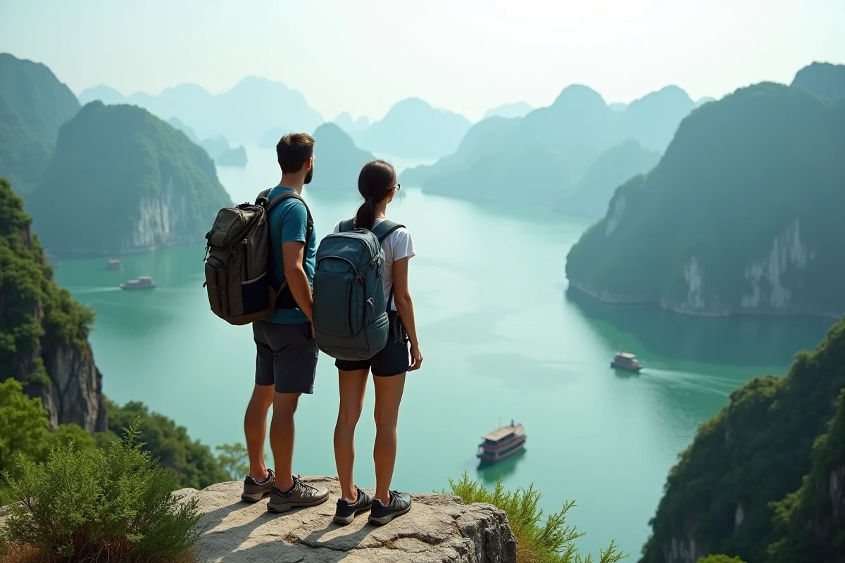 Deux backpackers contemplant le panorama spectaculaire de la baie d'Ha Long au Vietnam depuis le sommet d'une falaise calcaire