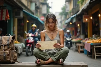 Jeune backpackeuse occidentale consultant une carte papier dans un marché de rue animé à Hanoi, Vietnam, avec son sac à dos posé à ses pieds