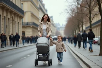 Mère poussant une poussette avec un enfant en bas âge sur un boulevard parisien bordé d'arbres et de façades haussmanniennes