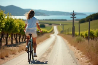 Cycliste femme pédalant sur un chemin viticole près de Gruissan avec l'étang en arrière-plan
