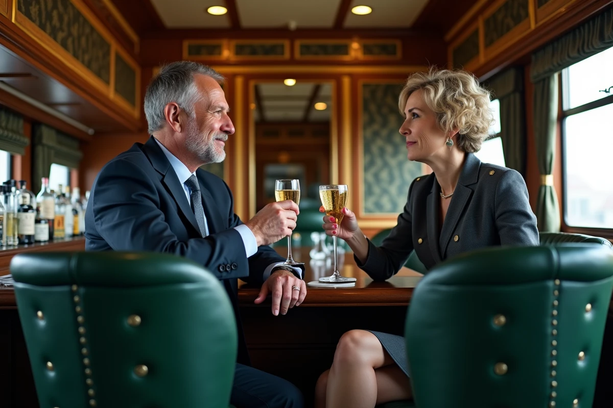 Deux passagers dégustent du champagne dans le bar-salon Art Déco de l'Orient Express, ambiance feutrée avec boiseries laquées et décanteurs en cristal vintage