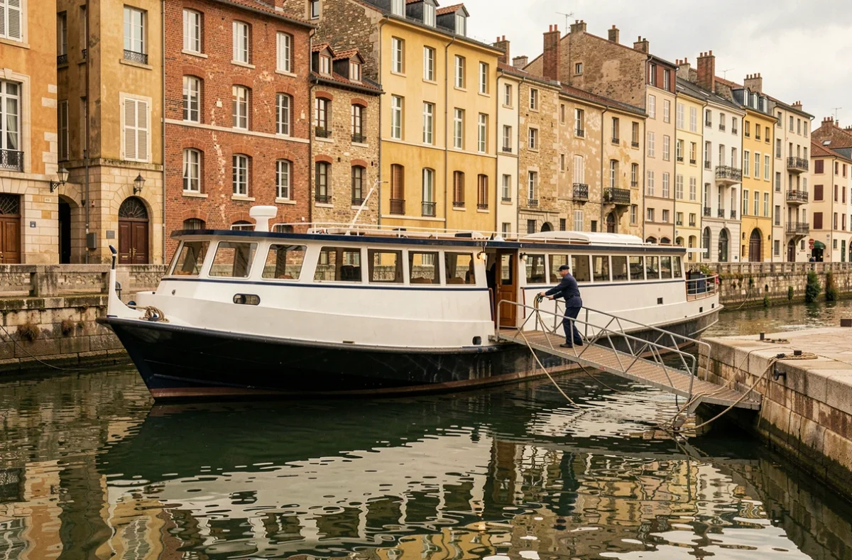 Bateau de croisière fluviale amarré quai de Bondy en face du Vieux-Lyon et des façades Renaissance