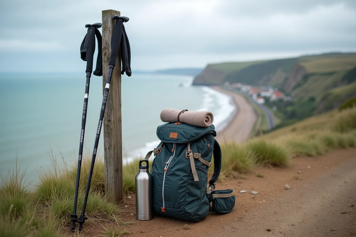 Bâtons de marche nordique et sac à dos posés contre un poteau indicateur au bord des falaises d'Ault avec panorama sur la côte picarde