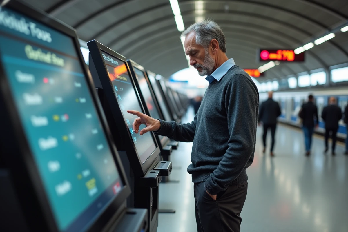 Homme utilisant une borne automatique pour réserver un billet aller-retour dans une gare française