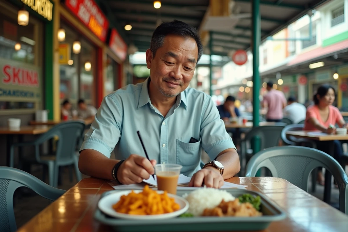 Voyageur planifiant son budget à une table d'un hawker center typique de Kuala Lumpur avec plats locaux malaisiens