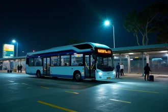 Bus de nuit Marseille Aix-en-Provence garé sur le quai d'un terminal routier après 22h