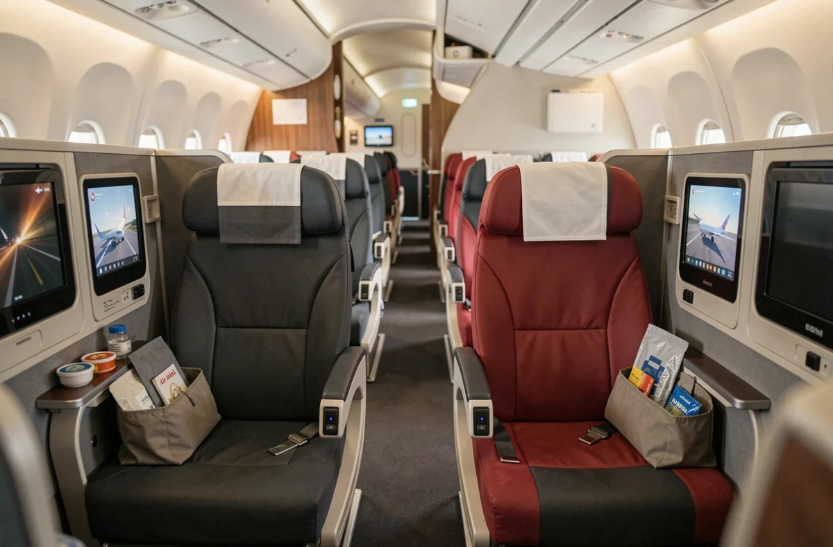 Cabine classe affaires Air India en configuration siège-lit plat avec sièges bicolores rouge et charbon