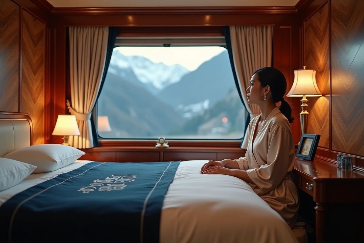 Cabine privée de l'Orient Express décorée dans un style Art Déco élégant, passagère en robe de soie contemplant le paysage alpin depuis la fenêtre panoramique