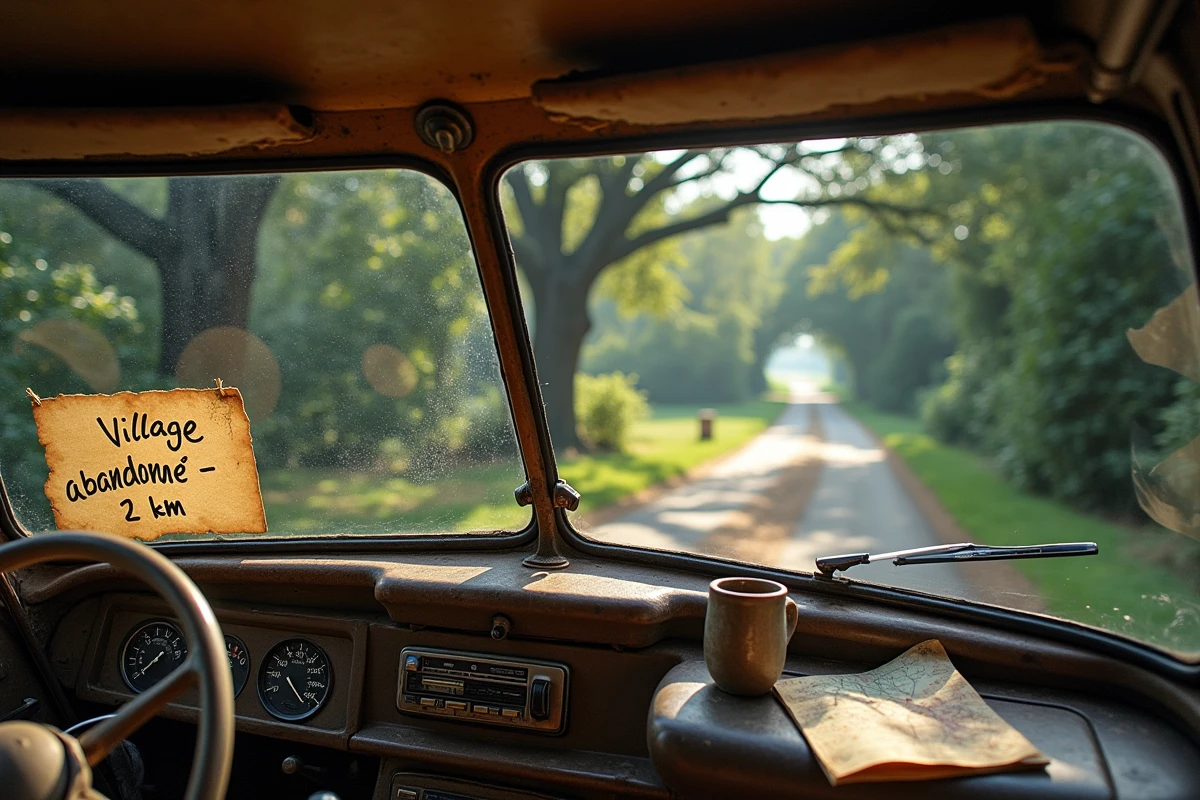 Vieux camping-car sur une route de campagne en direction d'un village abandonné en France