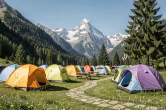 Camping familial en Haute-Savoie avec tentes colorées et vue sur les montagnes alpines enneigées