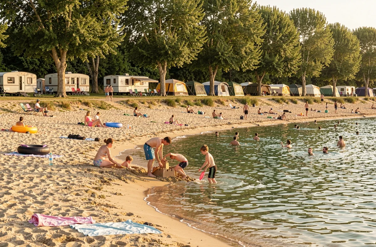 Camping La Grand'Terre à Ruoms avec accès direct à la plage de rivière et familles en vacances