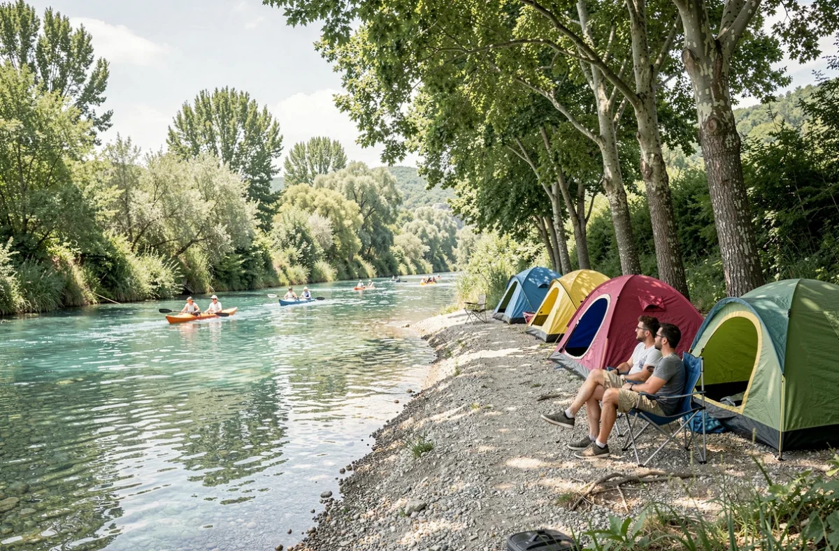 Camping Le Castelet en bord de rivière Ardèche avec tentes colorées et kayakistes