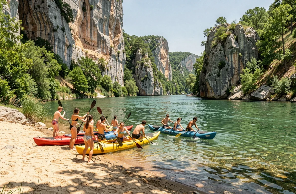 Activités aquatiques en kayak et canoë sur la rivière Ardèche au camping Les Coudoulets
