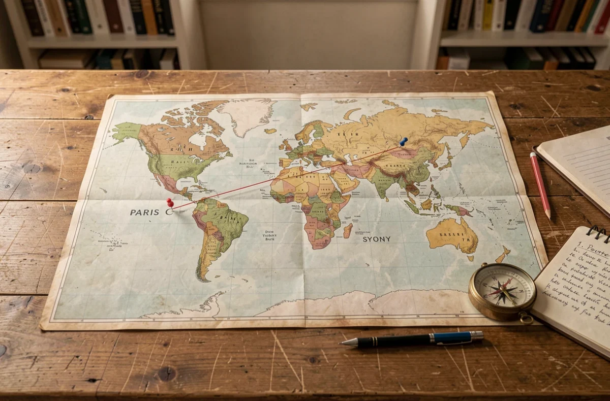 Carte du monde avec tracé de la distance entre Paris et Sydney matérialisé par un fil rouge