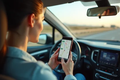 Femme consultant une carte routière en ligne sur smartphone dans une voiture pendant un trajet