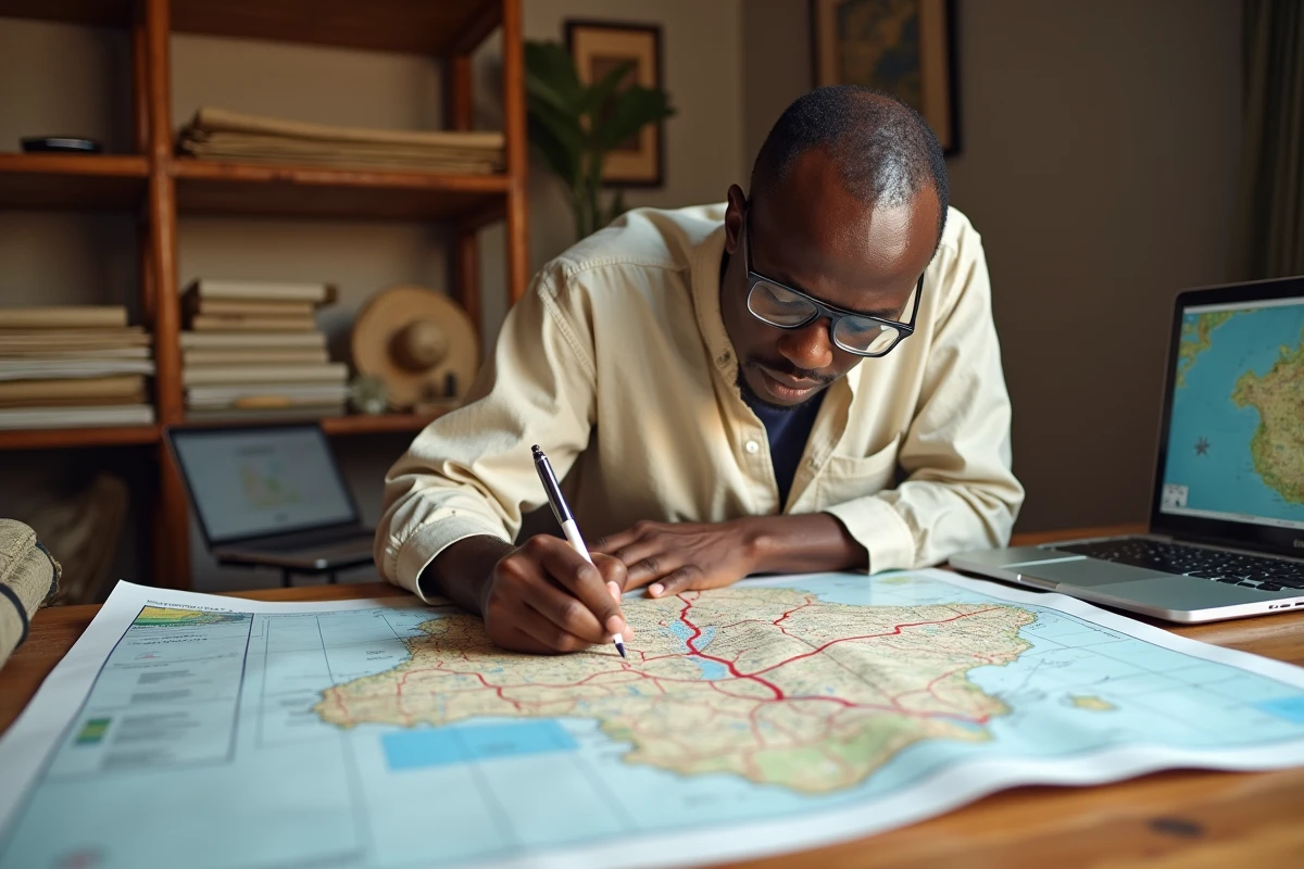 Cartographe sénégalais analysant une carte routière mise à jour du Sénégal dans un bureau de géographie