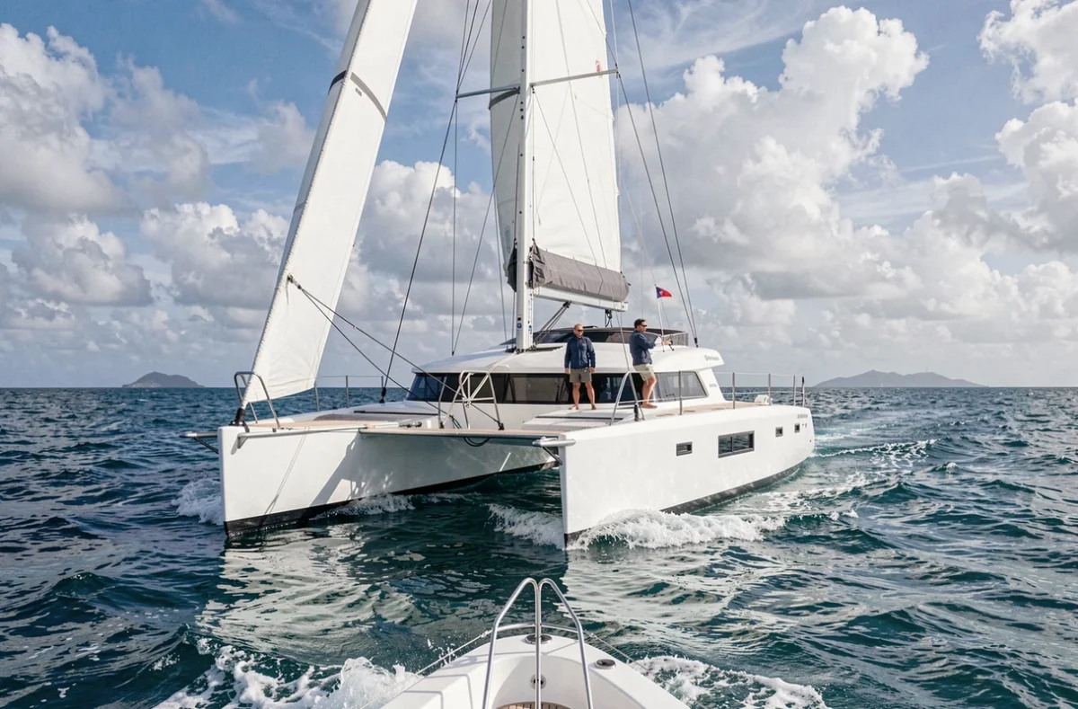 Catamaran moderne voguant sur les eaux turquoise des Caraïbes avec équipage à bord