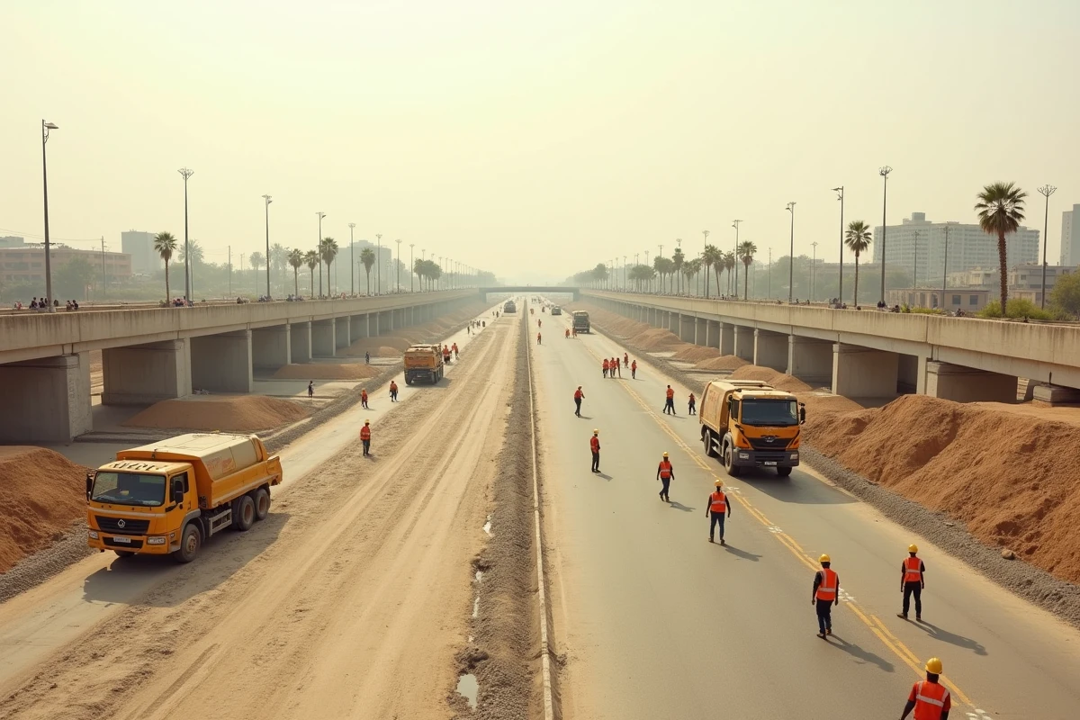 Chantier d'un nouveau carrefour routier en construction dans la banlieue de Dakar au Sénégal
