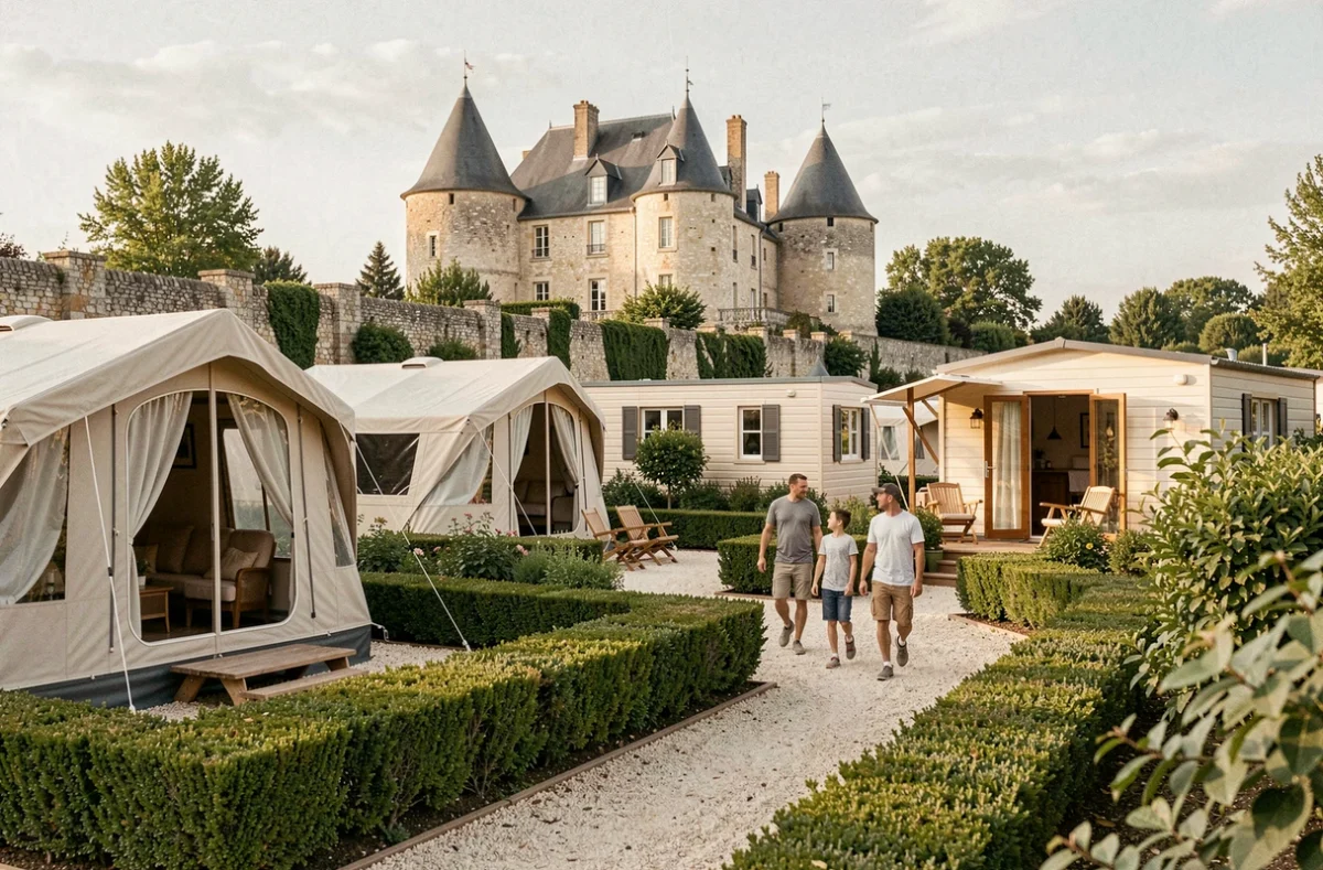 Camping familial haut de gamme Château de Galaure dans la Drôme avec tentes de luxe et château historique