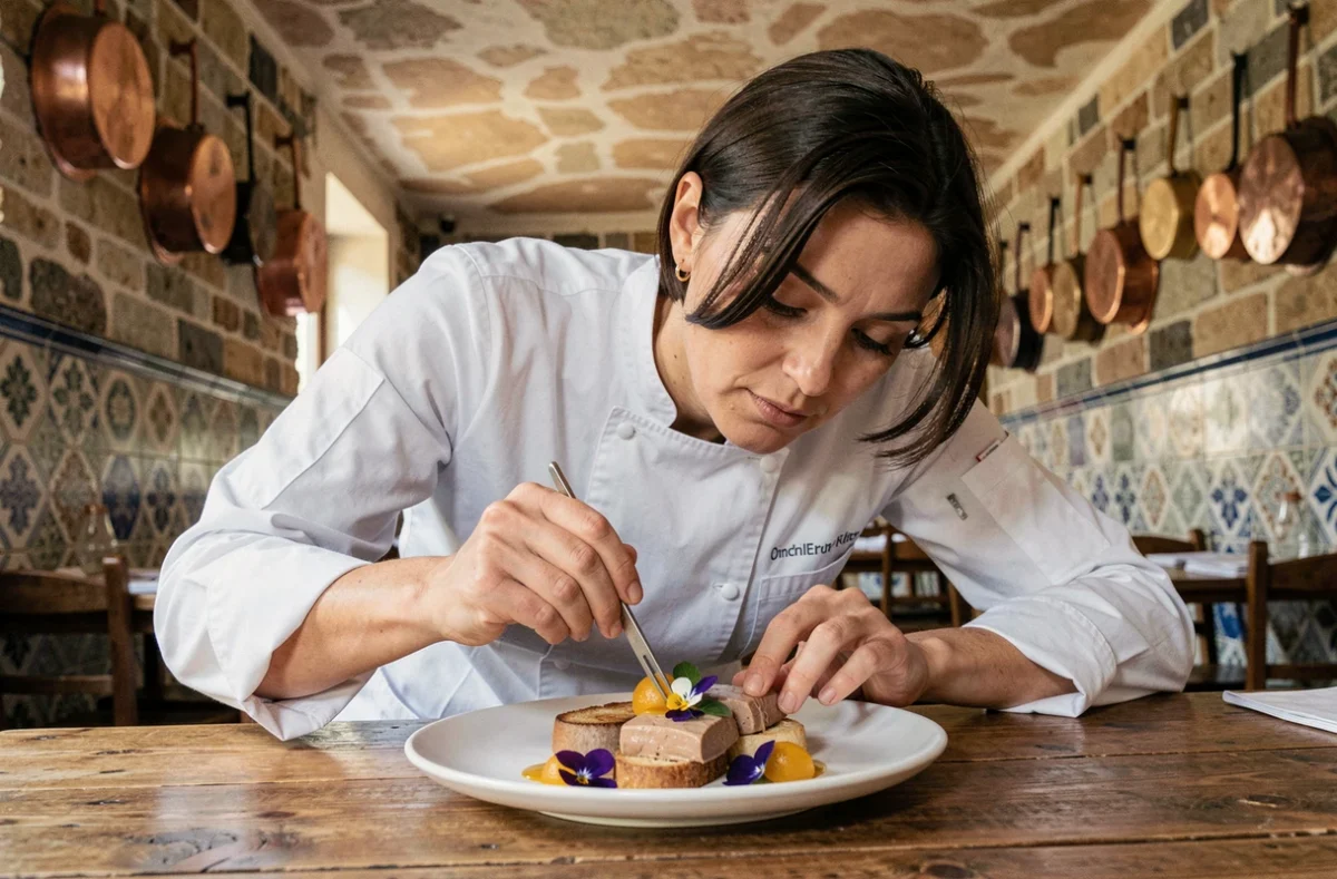 Chef étoilée dressant une assiette de foie gras dans le restaurant gastronomique d'un hôtel 5 étoiles à Strasbourg