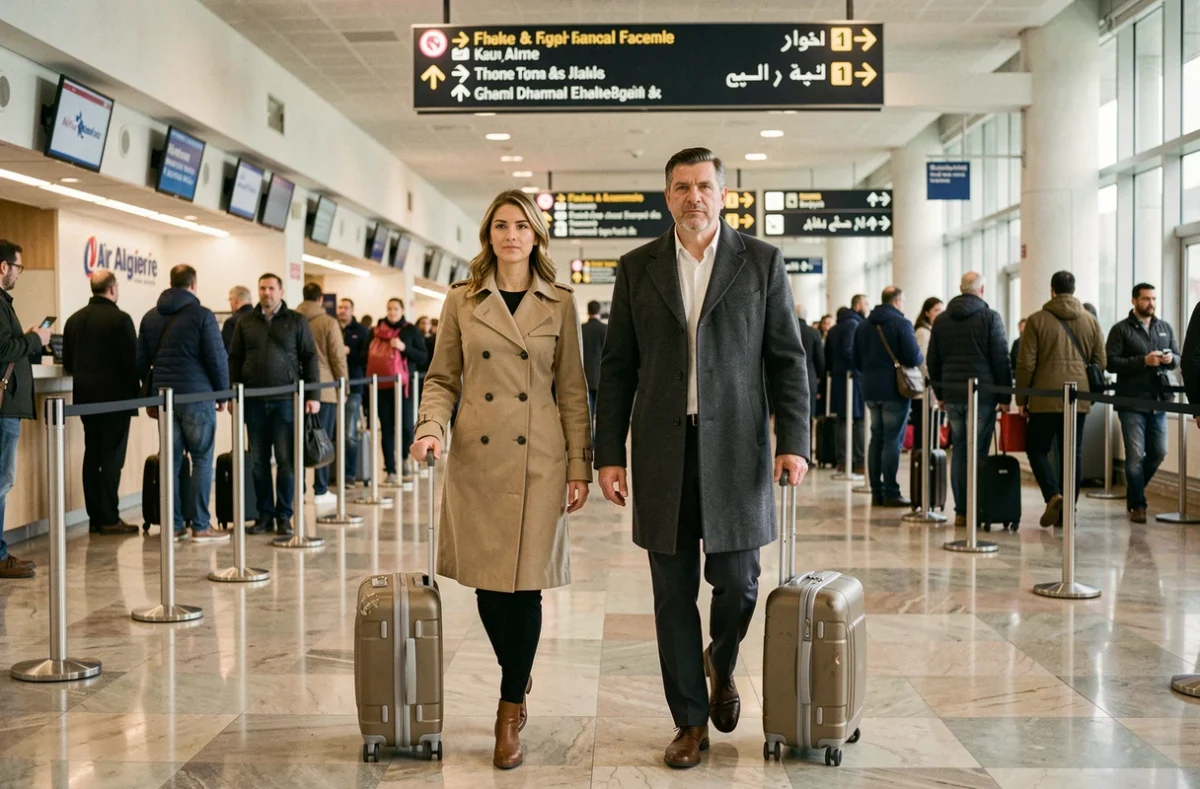 Deux collègues en voyage d'affaires avec bagages se dirigeant vers le comptoir Air Algérie à l'aéroport