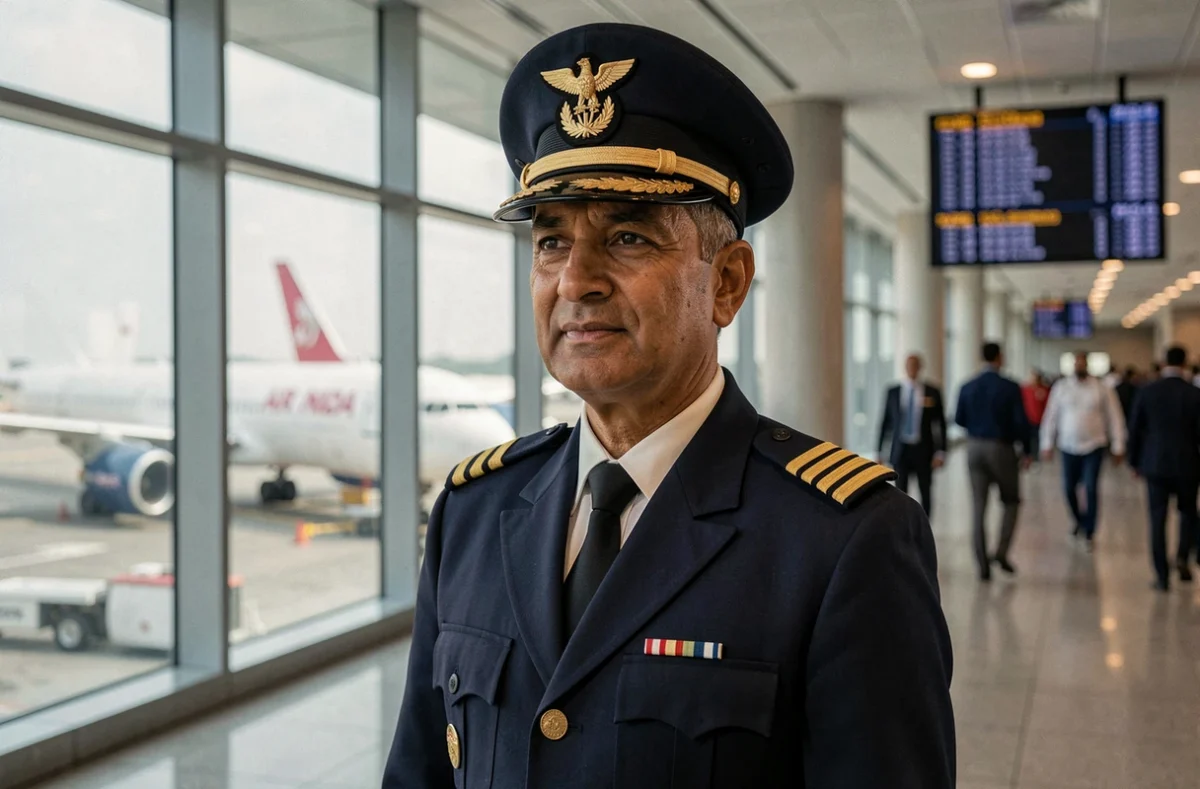 Commandant de bord Air India en uniforme officiel dans un terminal d'aéroport moderne