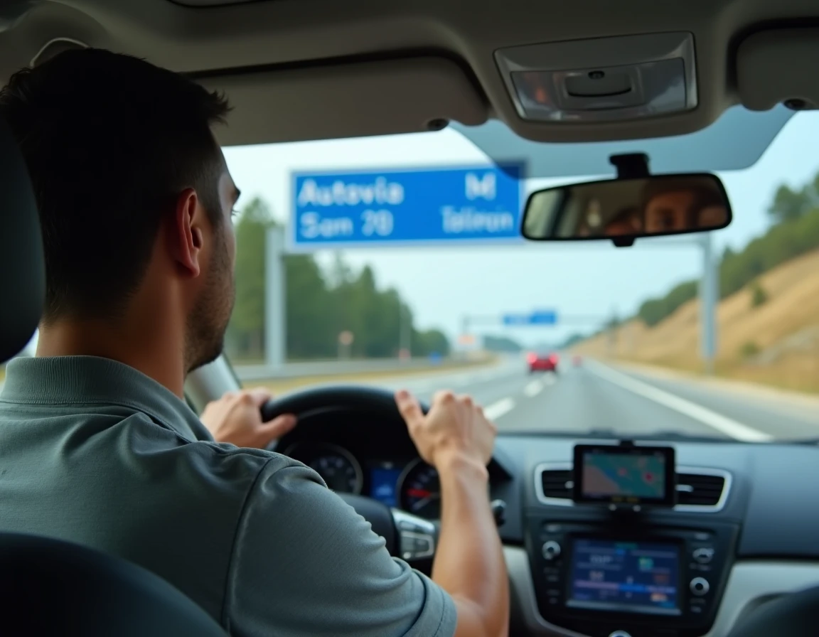Conducteur sur autoroute gratuite espagnole lisant un panneau de signalisation routière depuis l'habitacle