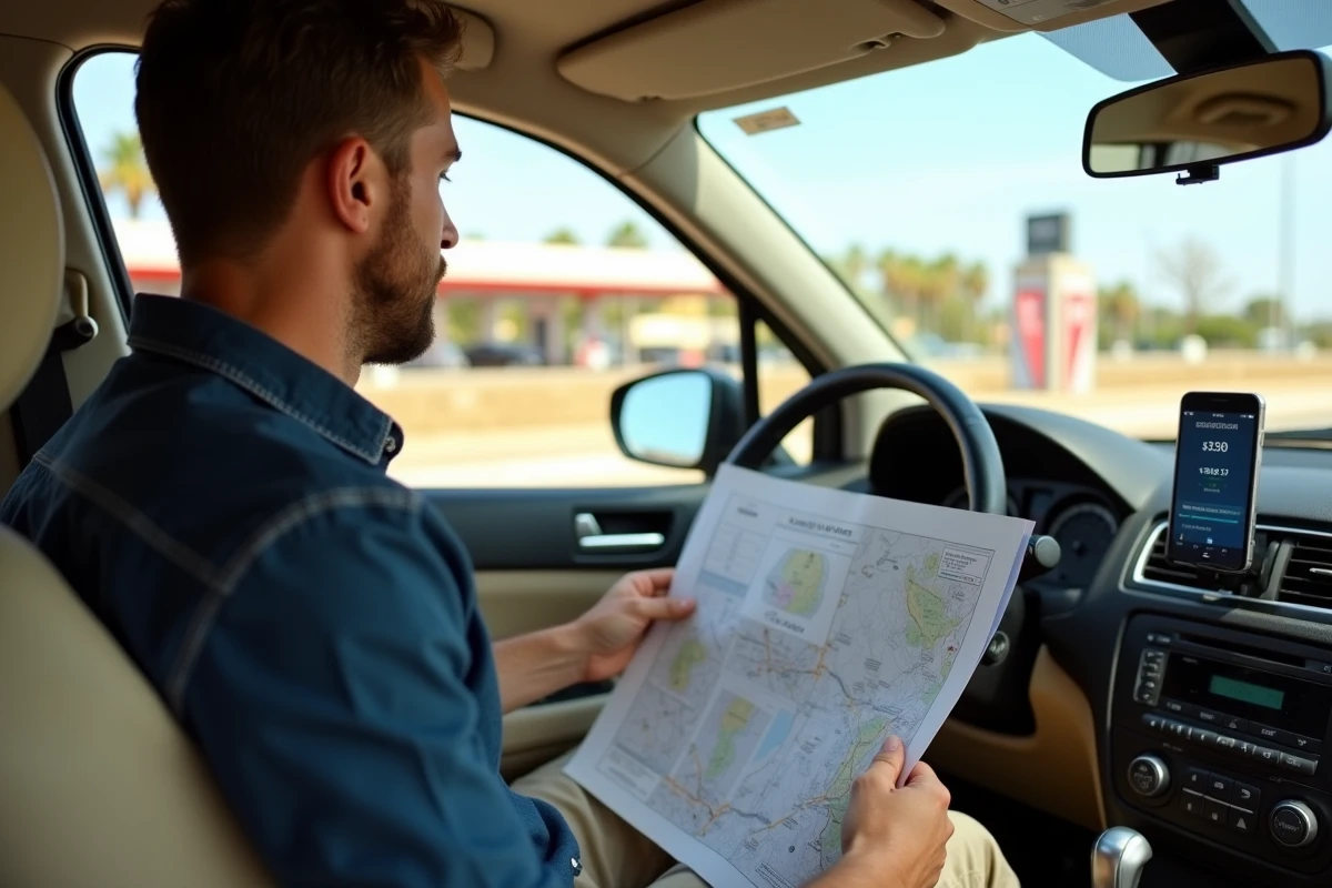 Conducteur comparant les coûts d'itinéraire entre autoroutes et routes secondaires en Espagne sur smartphone
