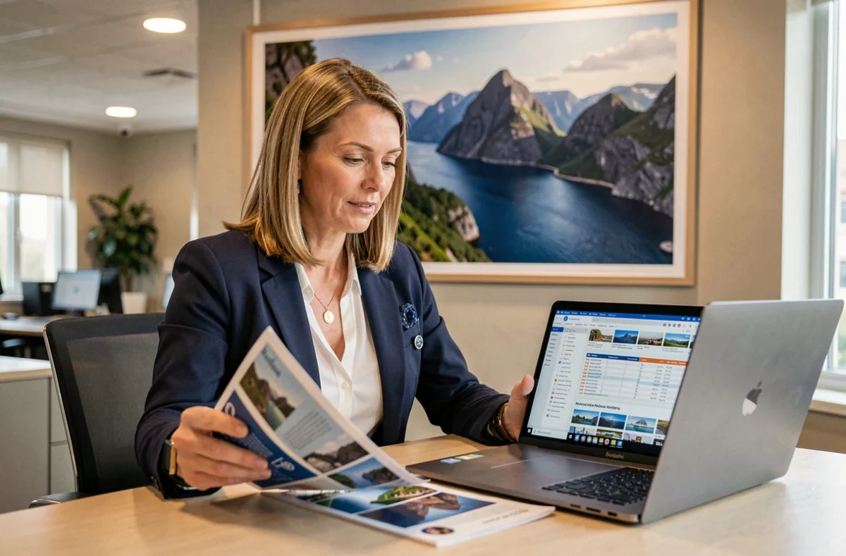 Conseillère en voyage présentant des offres de croisière dans les fjords de Norvège