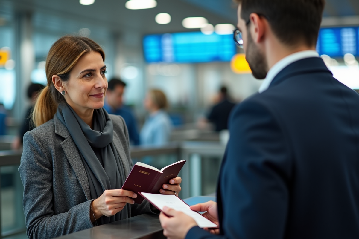 Femme méditerranéenne vérifiant un passeport expiré au comptoir d'aéroport