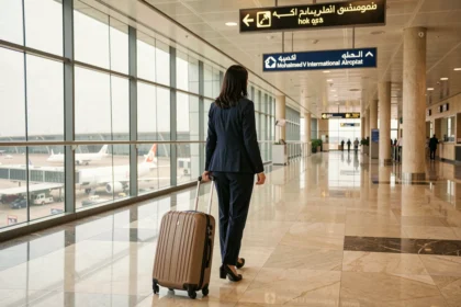 Voyageuse en transit à l'aéroport Mohammed V de Casablanca tirant une valise cabine dans un couloir de correspondance