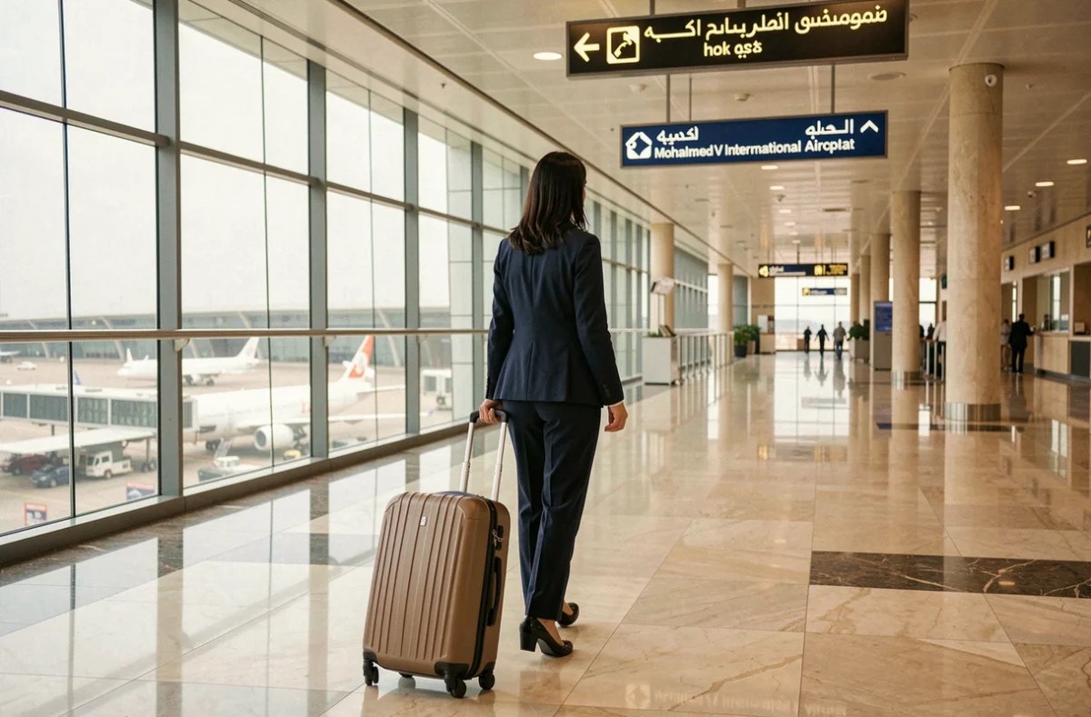 Voyageuse en transit à l'aéroport Mohammed V de Casablanca tirant une valise cabine dans un couloir de correspondance