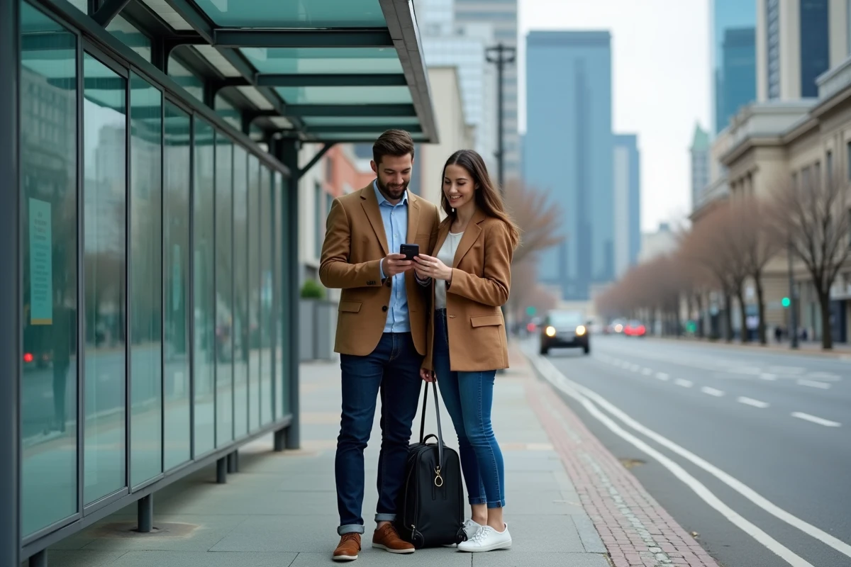 Couple de jeunes professionnels consultant ensemble une application de trajet à un arrêt de bus moderne en ville